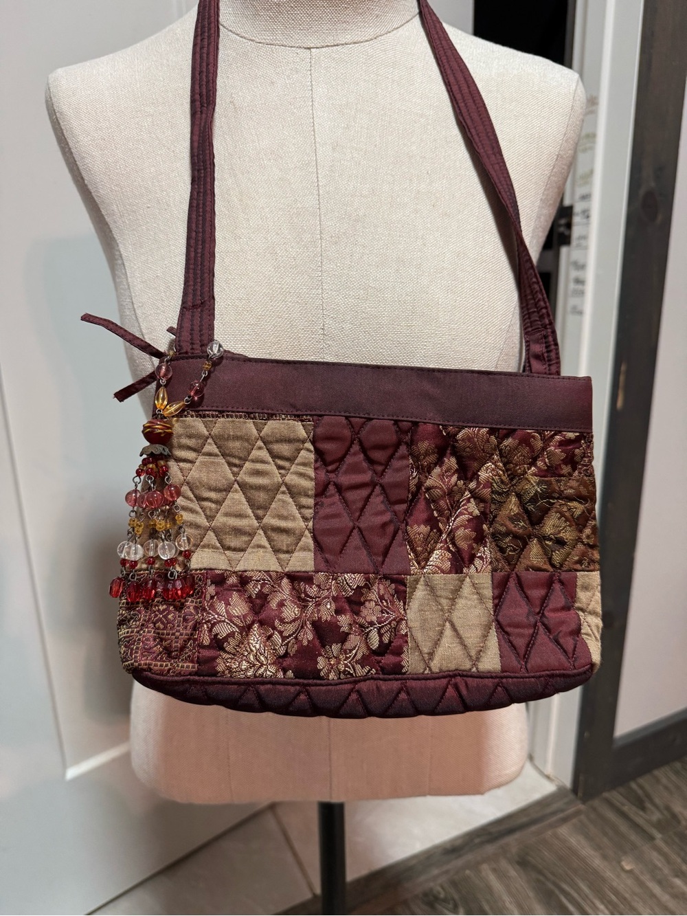 Quilted Patchwork Shoulder Bag in Burgundy and Beige